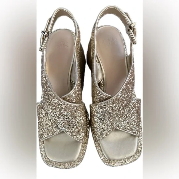 Gianni Bini NWOT GB Gold Glitter Platform Sandals Size 8 Retro Disco Heels - Picture 4 of 8